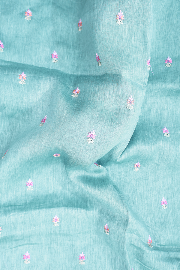 Linen Saree In Dusty Blue With Floral Buttas