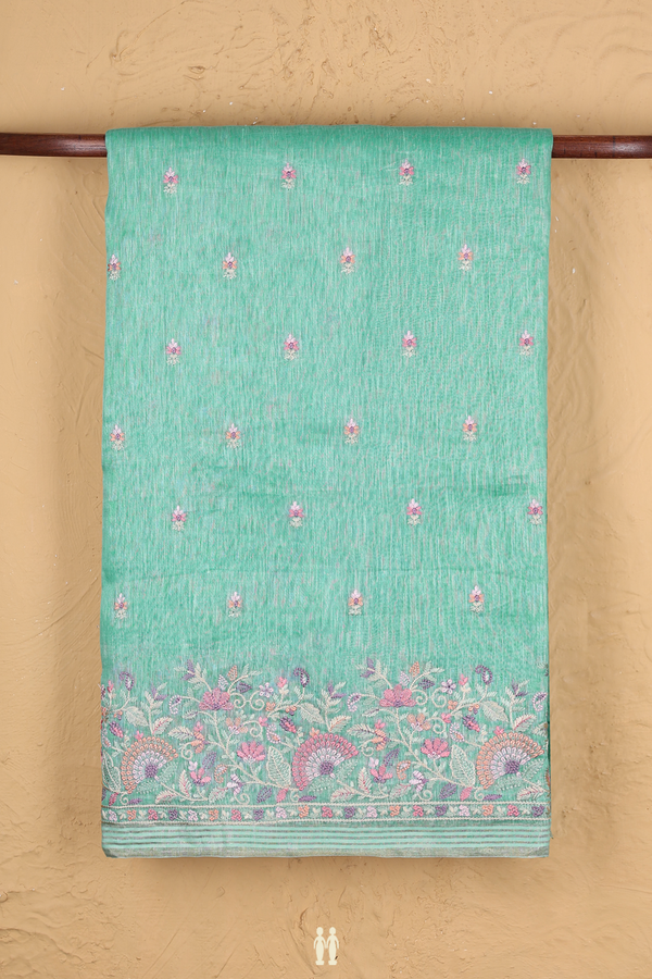 Linen Saree In Aqua Green With Floral Buttas