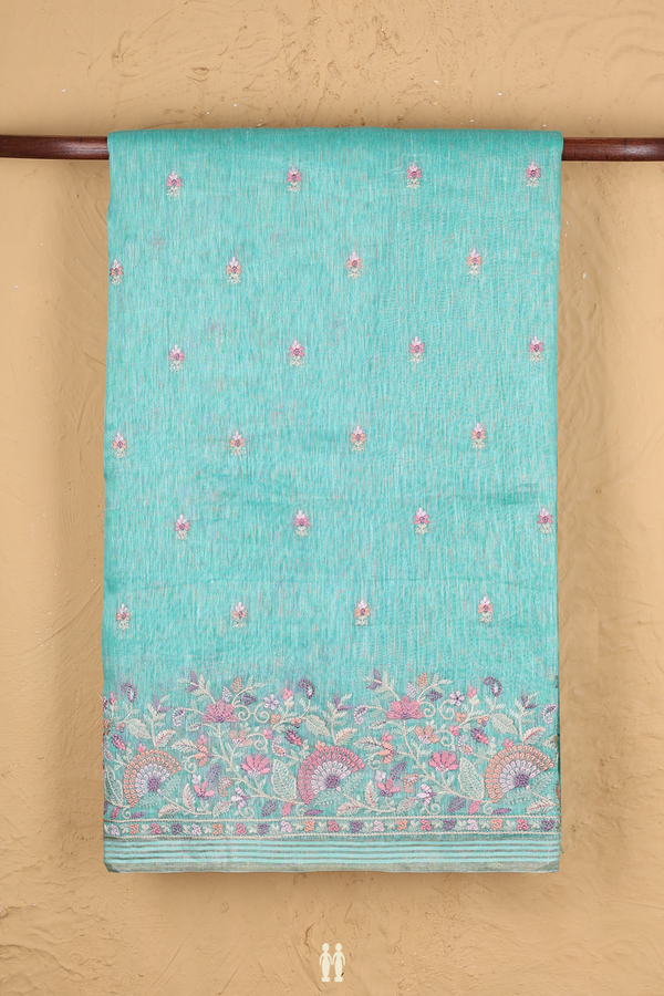Linen Saree In Aqua Green With Floral Buttas