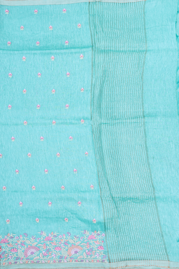 Linen Saree In Aqua Green With Floral Buttas