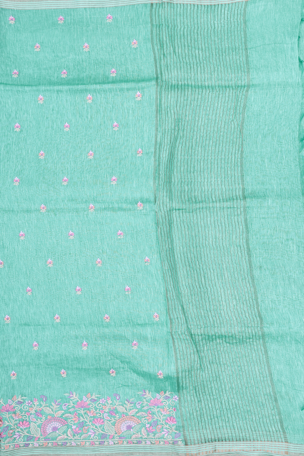 Linen Saree In Aqua Green With Floral Buttas
