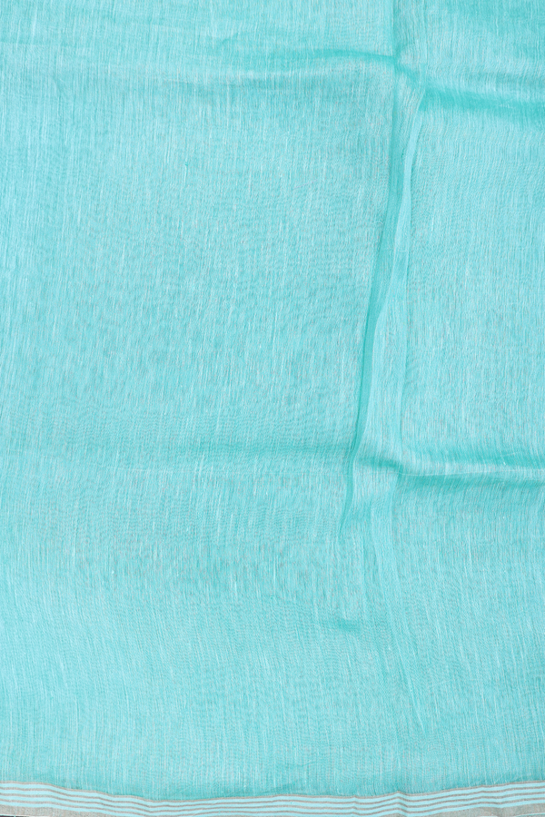 Linen Saree In Aqua Green With Floral Buttas