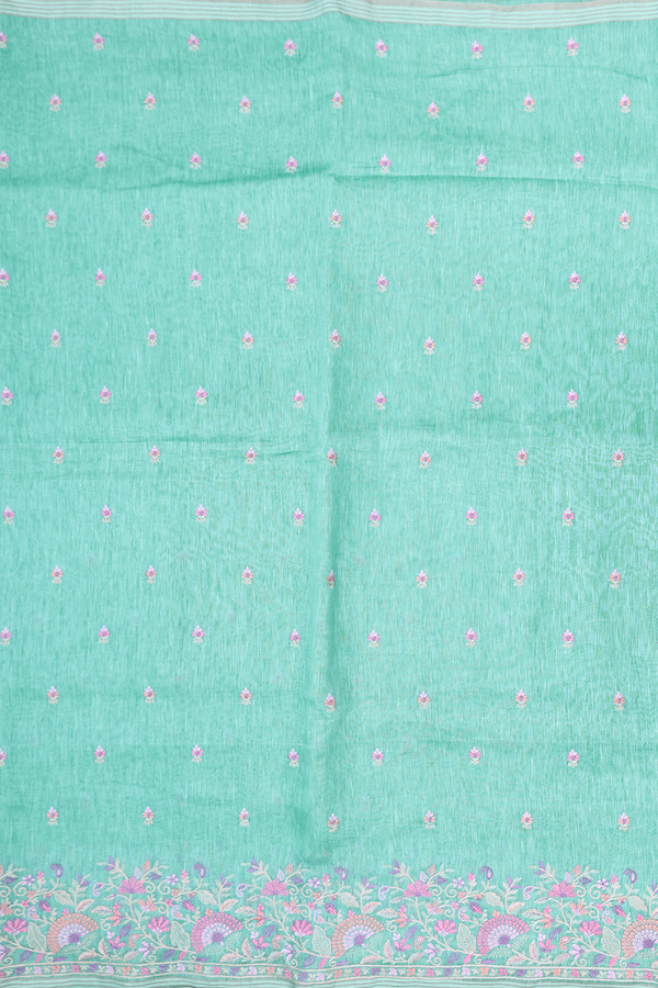 Linen Saree In Aqua Green With Floral Buttas