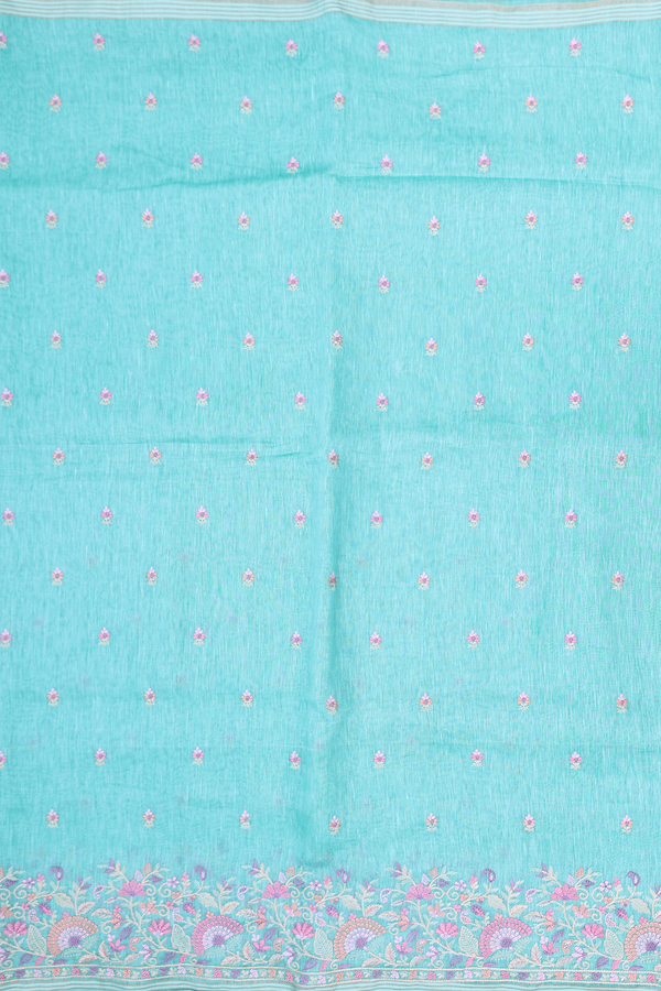 Linen Saree In Aqua Green With Floral Buttas