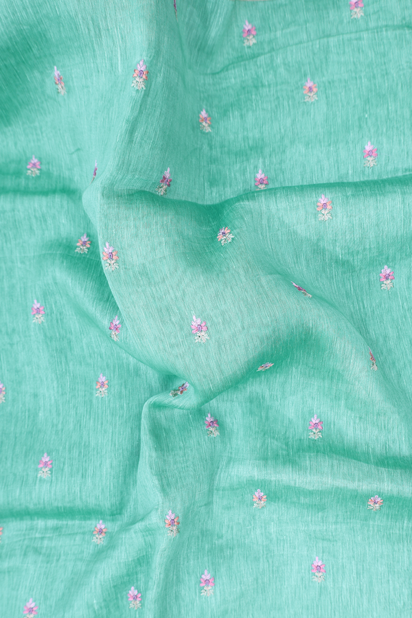 Linen Saree In Aqua Green With Floral Buttas