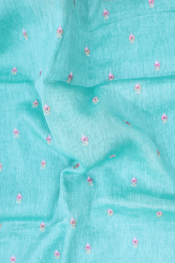 Linen Saree In Aqua Green With Floral Buttas