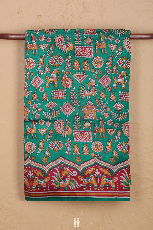 Printed Silk Saree In Leaf Green With Allover Design
