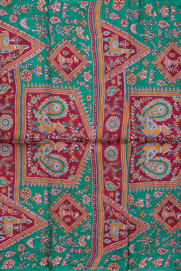 Printed Silk Saree In Leaf Green With Allover Design