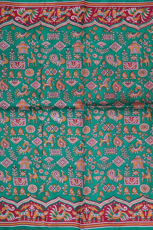 Printed Silk Saree In Leaf Green With Allover Design