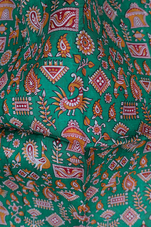 Printed Silk Saree In Leaf Green With Allover Design