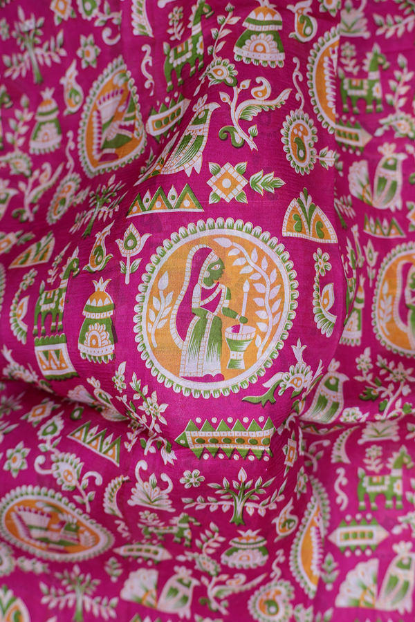 Printed Silk Saree In Magenta With Allover Design