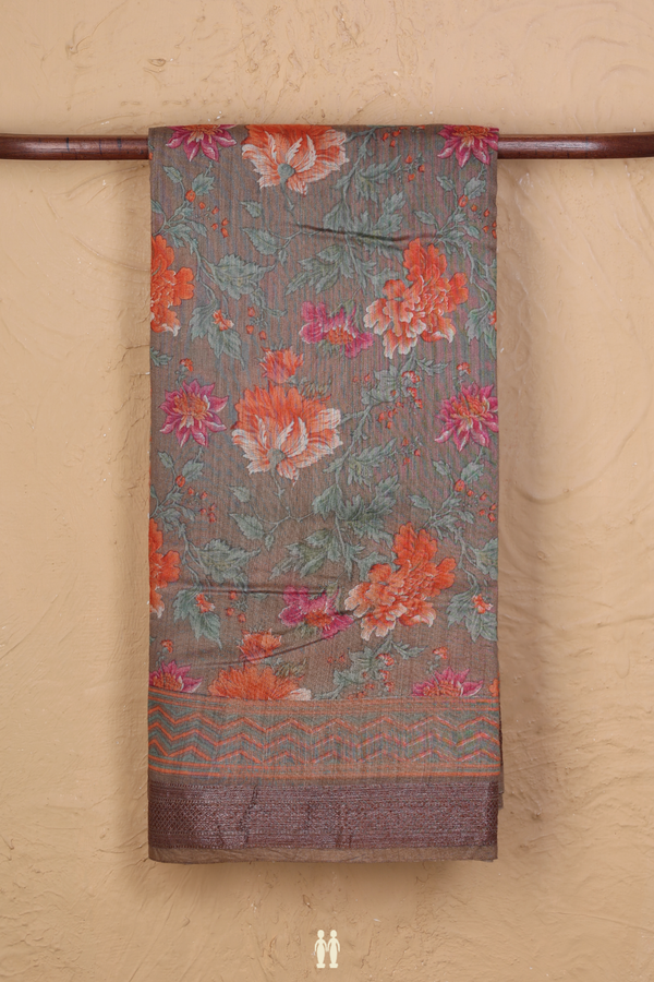 Chanderi Silk Cotton Saree In Brown With Floral Design