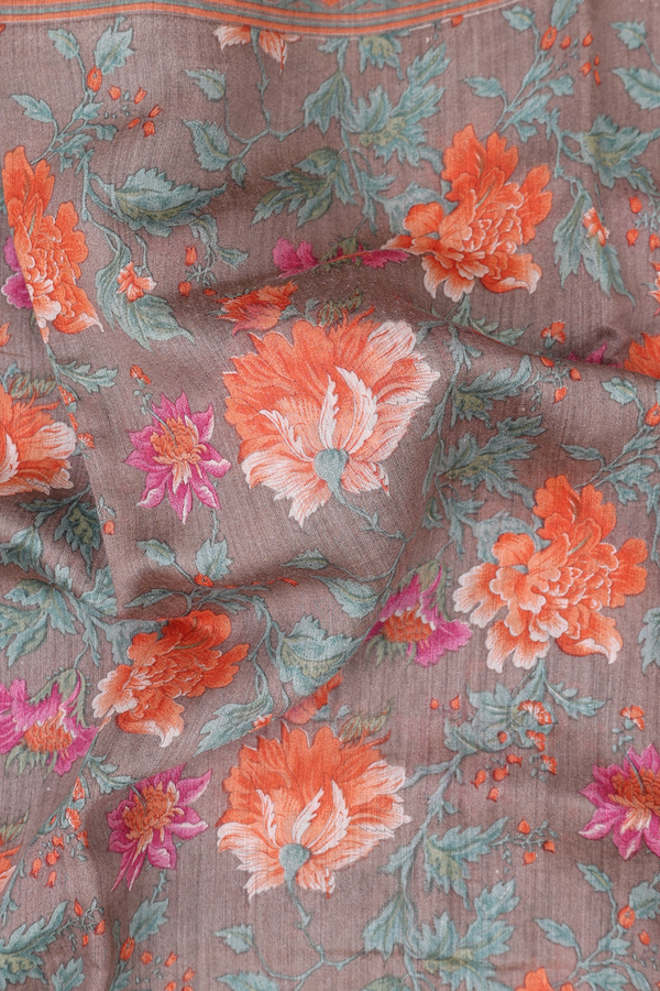 Chanderi Silk Cotton Saree In Brown With Floral Design