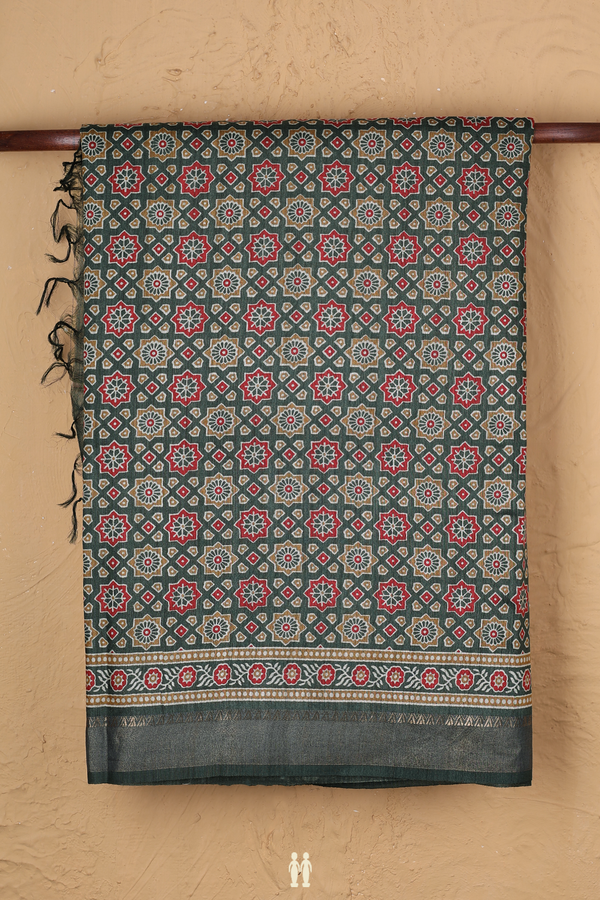 Tussar Silk Saree In Forest Green With Printed Design