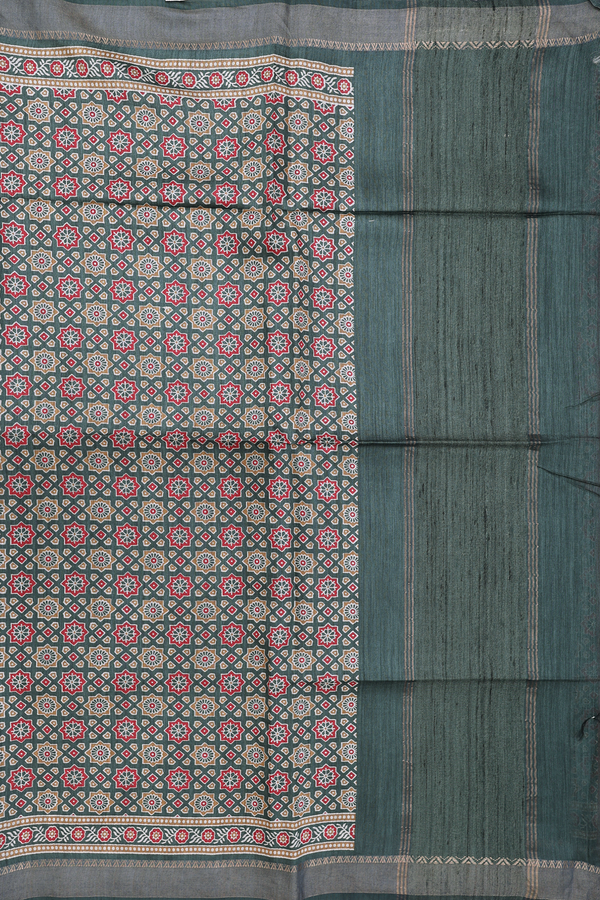 Tussar Silk Saree In Forest Green With Printed Design