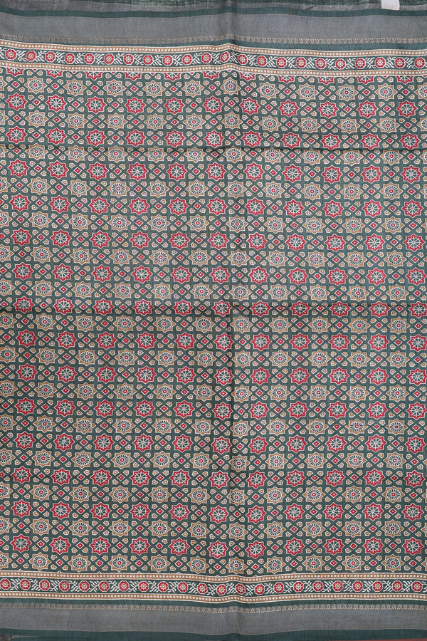 Tussar Silk Saree In Forest Green With Printed Design