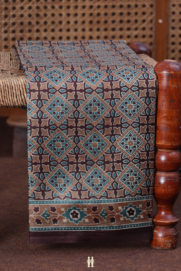 Printed Silk Saree In Coffee Brown With Diamond Design