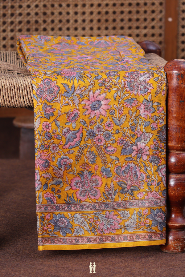Printed Silk Saree In Honey Orange With Floral Design