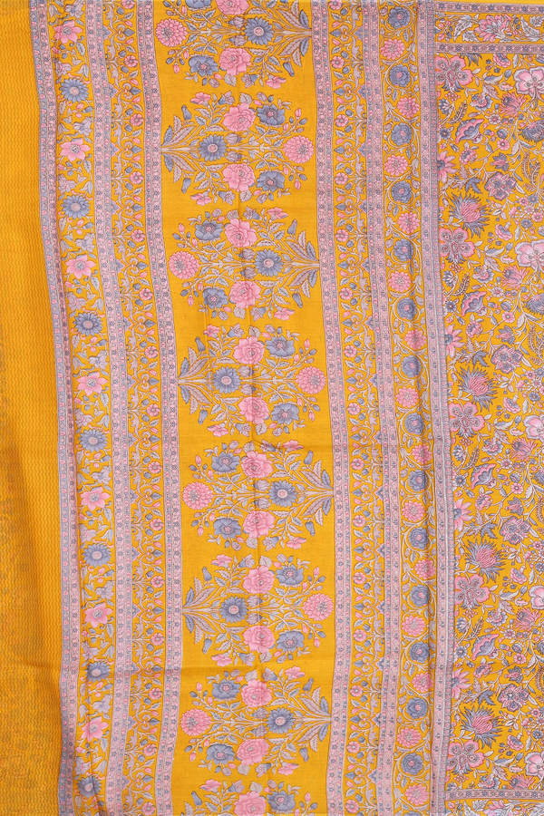 Printed Silk Saree In Honey Orange With Floral Design
