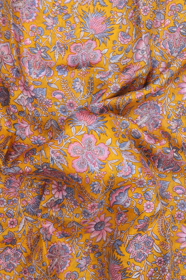 Printed Silk Saree In Honey Orange With Floral Design