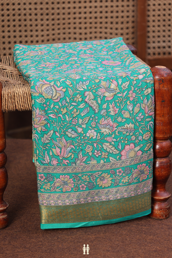 Crepe Saree In Sea Green With Floral Design