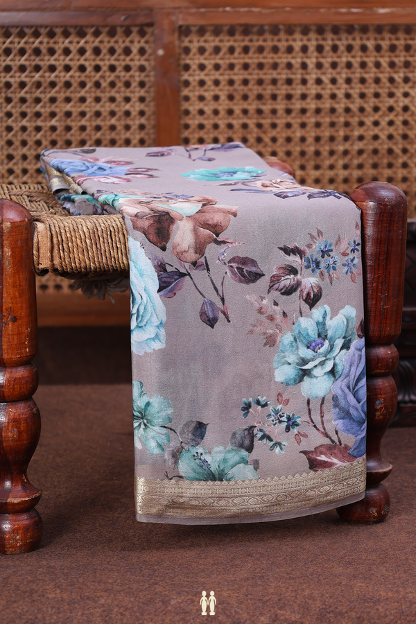 Crepe Saree In Dusty Brown With Floral Design