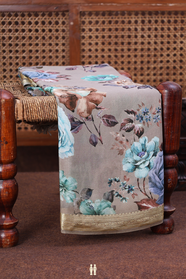 Crepe Saree In Dusty Brown With Floral Design