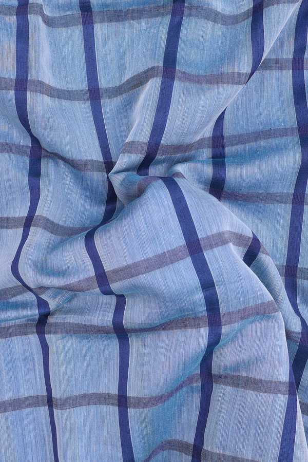 Linen Saree In Blue With Checks Design