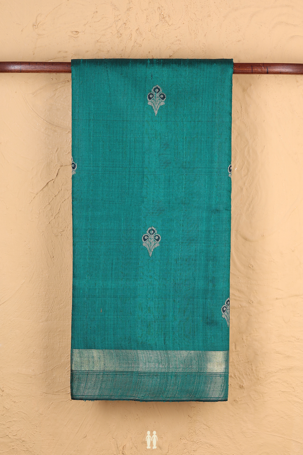 Jute Saree In Teal Blue With Floral Buttas