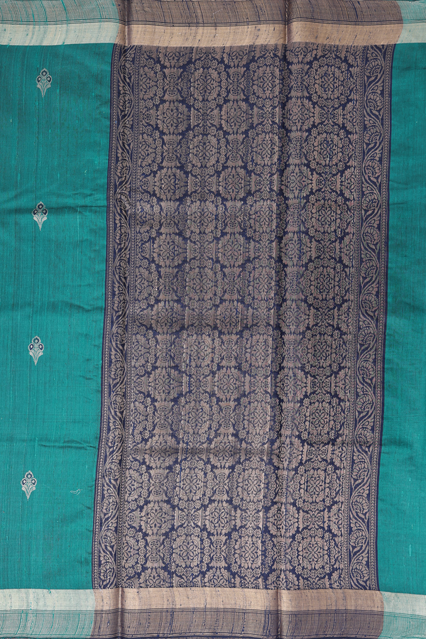 Jute Saree In Teal Blue With Floral Buttas