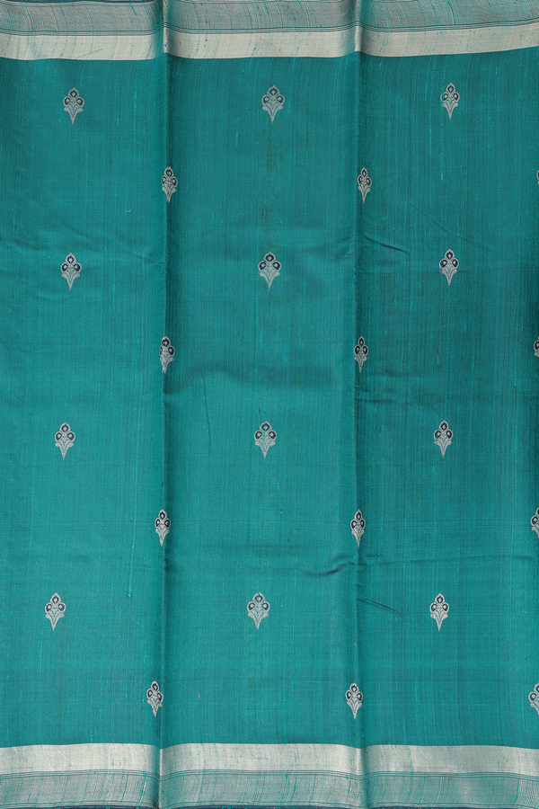 Jute Saree In Teal Blue With Floral Buttas