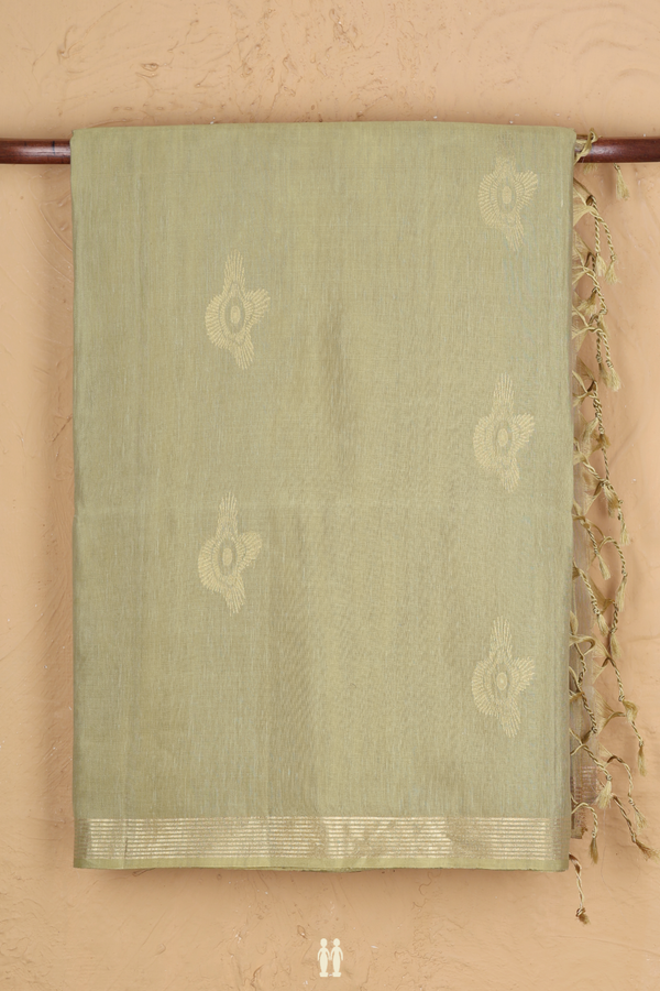 Linen Saree In Green Beige With Stripes Border