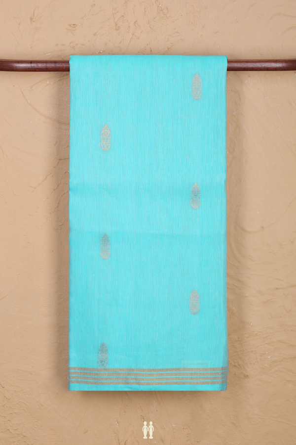 Linen Saree In Light Blue With Floral Buttas