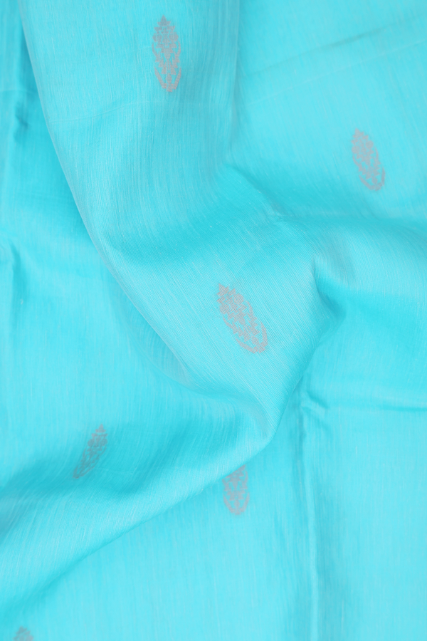 Linen Saree In Light Blue With Floral Buttas