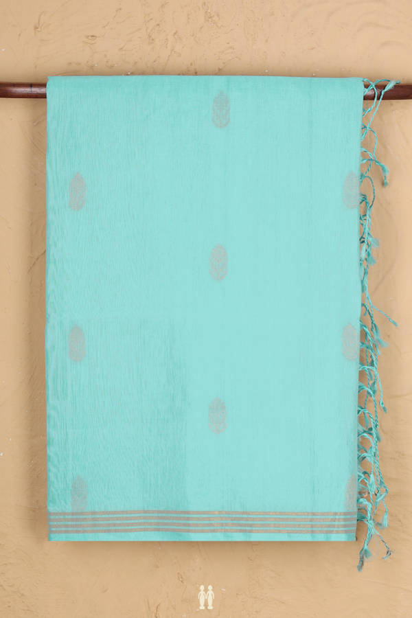 Linen Saree In Tiffany Blue With Zari Buttas