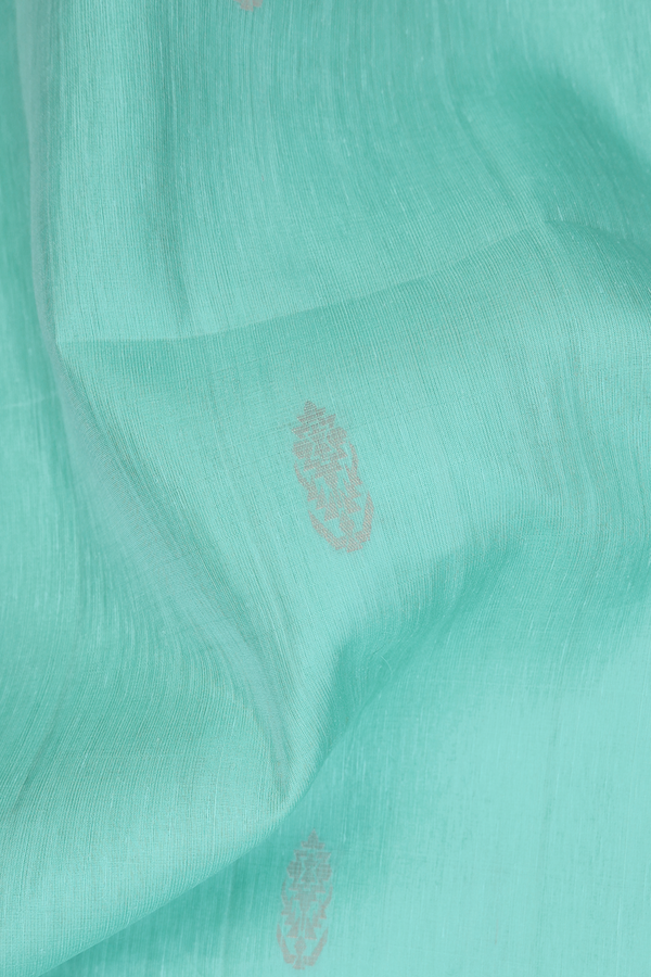 Linen Saree In Tiffany Blue With Zari Buttas