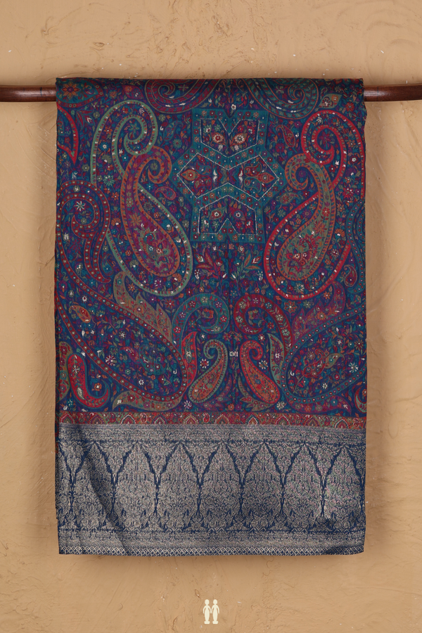 Pashmina Silk Saree In Prussian Blue With Paisley Design