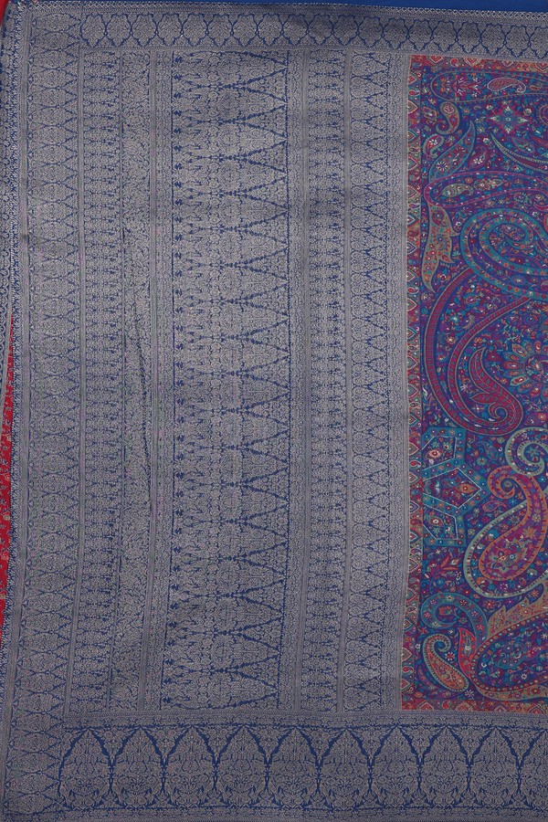 Pashmina Silk Saree In Prussian Blue With Paisley Design