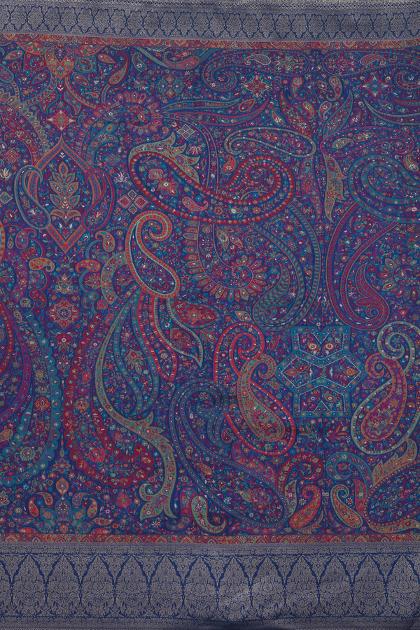 Pashmina Silk Saree In Prussian Blue With Paisley Design