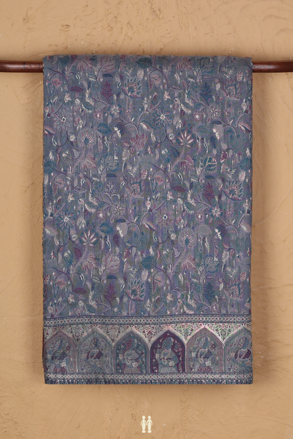 Pashmina Silk Saree In Dusty Blue With Floral Design