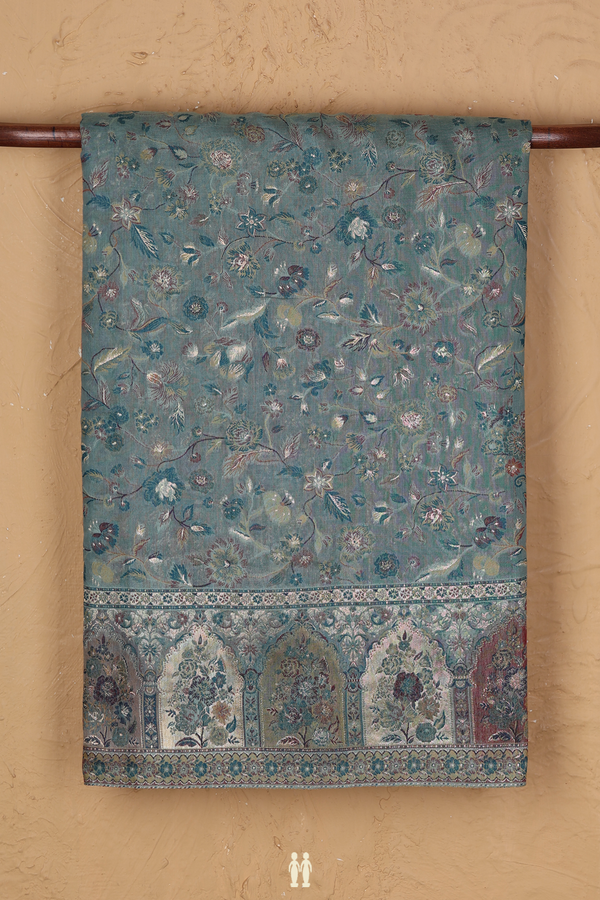 Pashmina Silk Saree In Turkish Blue With Floral Design