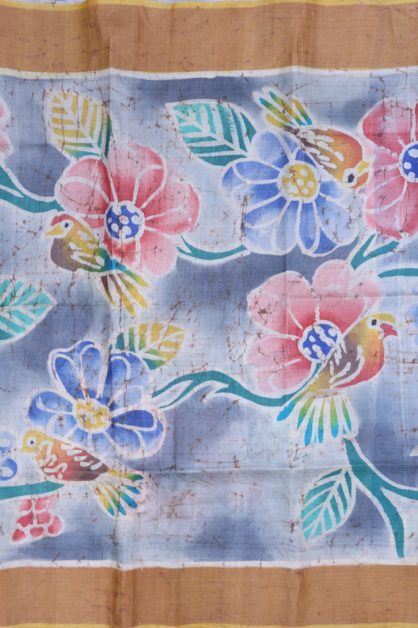 Tussar Silk Saree In Grey With Birds Design
