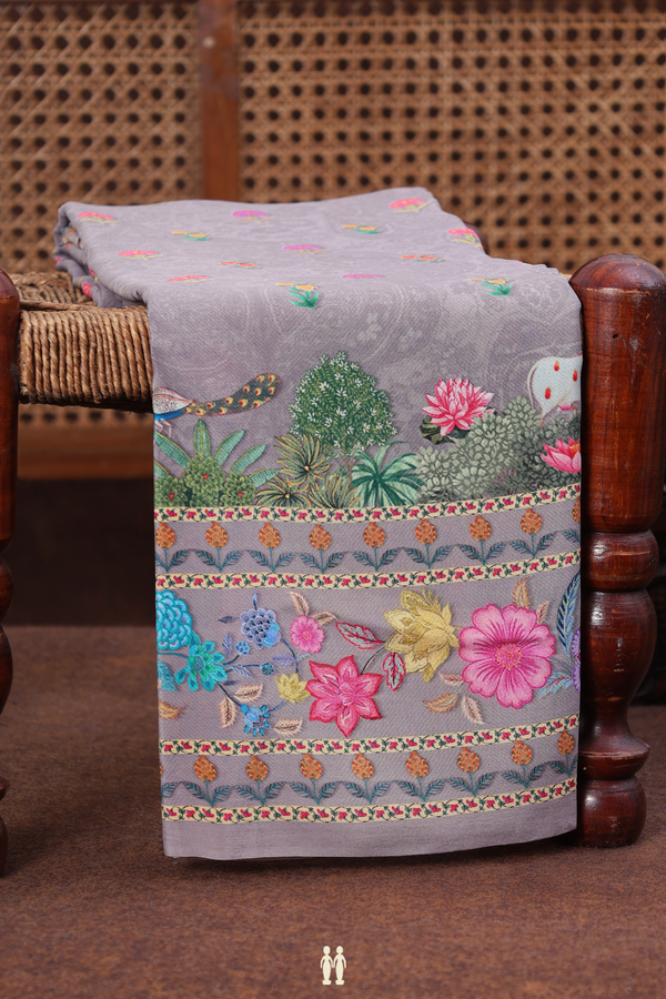 Crepe Saree In Grey With Floral Buttas