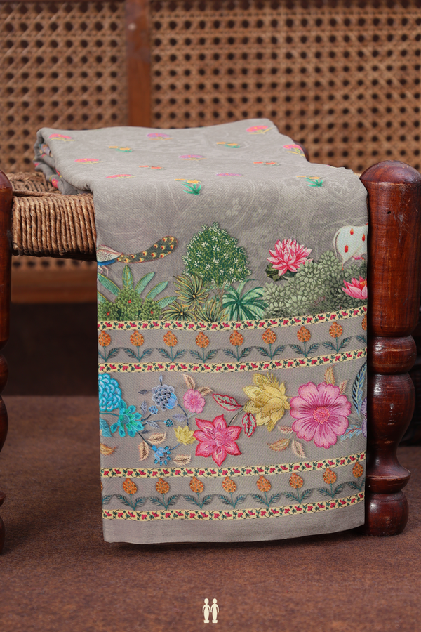 Crepe Saree In Grey With Floral Buttas