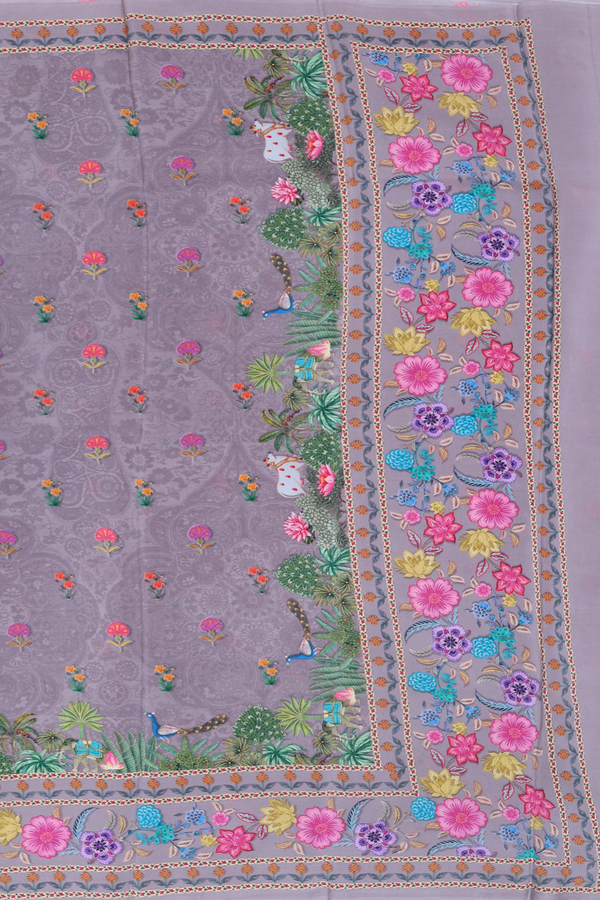 Crepe Saree In Grey With Floral Buttas