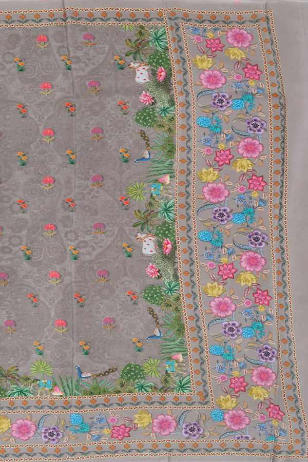 Crepe Saree In Grey With Floral Buttas