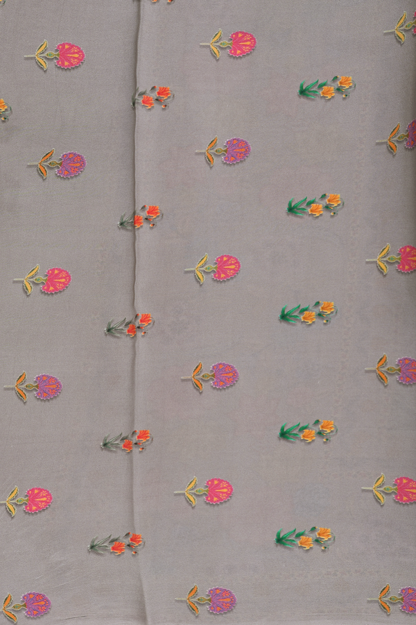 Crepe Saree In Grey With Floral Buttas