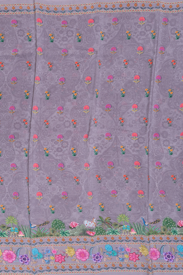 Crepe Saree In Grey With Floral Buttas