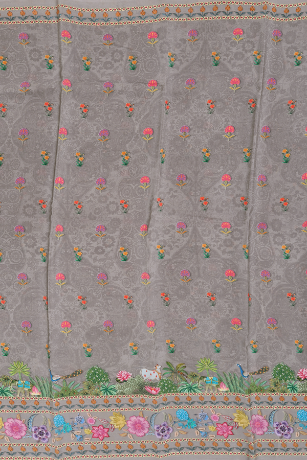 Crepe Saree In Grey With Floral Buttas