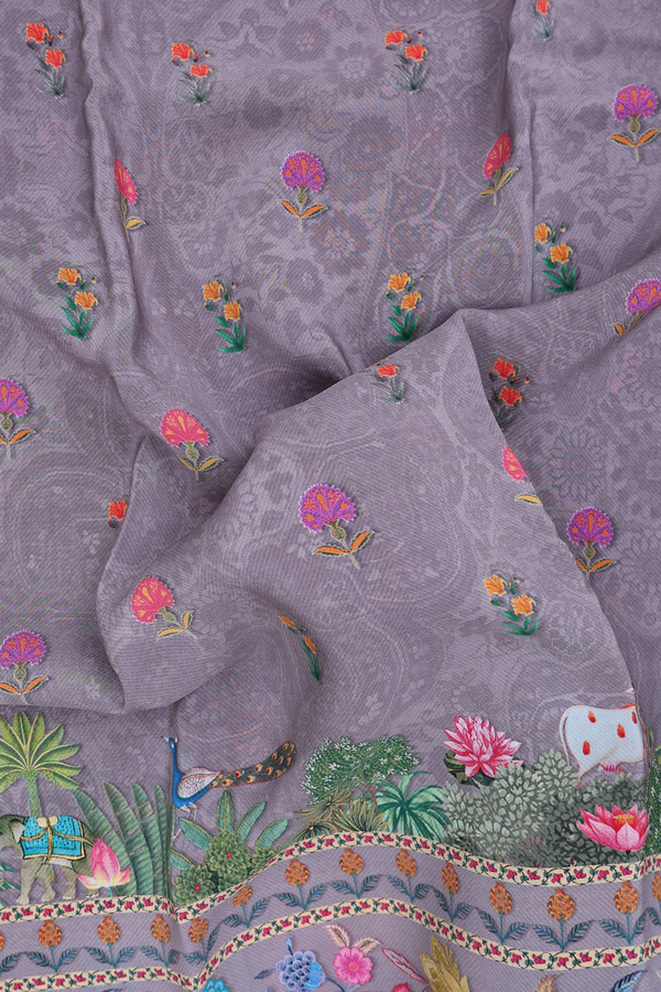 Crepe Saree In Grey With Floral Buttas